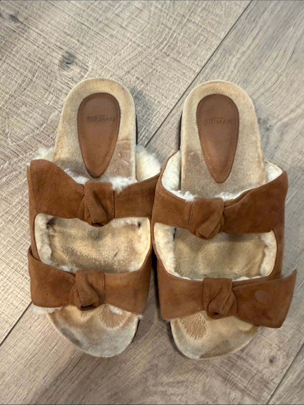 Alexandre Birman Brown Suede Shearling Knot Slide Sandals